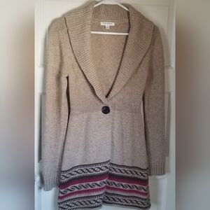 Banana Republic Beige Shawl Collar Coat Sweater Brown Magenta Striped Hem XS